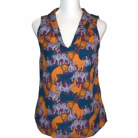 ModCloth XXS Sleeveless Blouse V-Neck Lions Tigers - Picture 11 of 11
